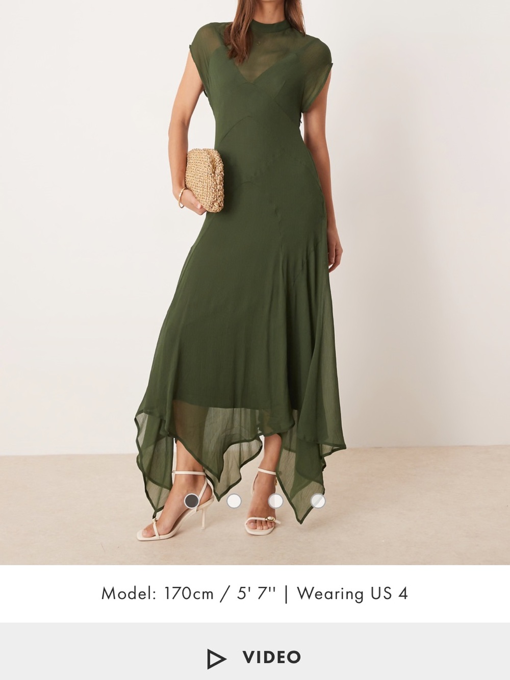 ASOS Olive Green High-Low Chiffon Midi Dress